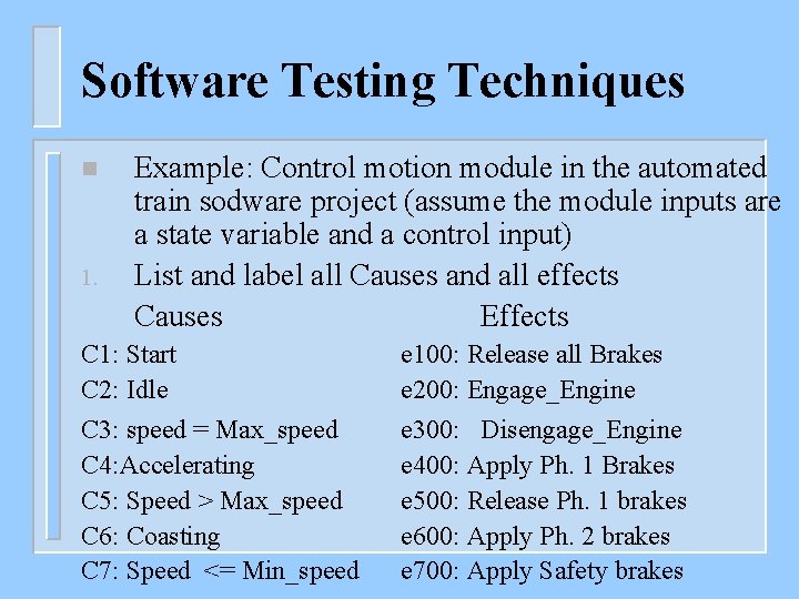 Software Testing Techniques n 1. Example: Control motion module in the automated train sodware