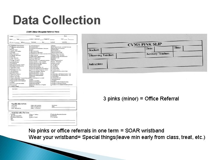 Data Collection 3 pinks (minor) = Office Referral No pinks or office referrals in