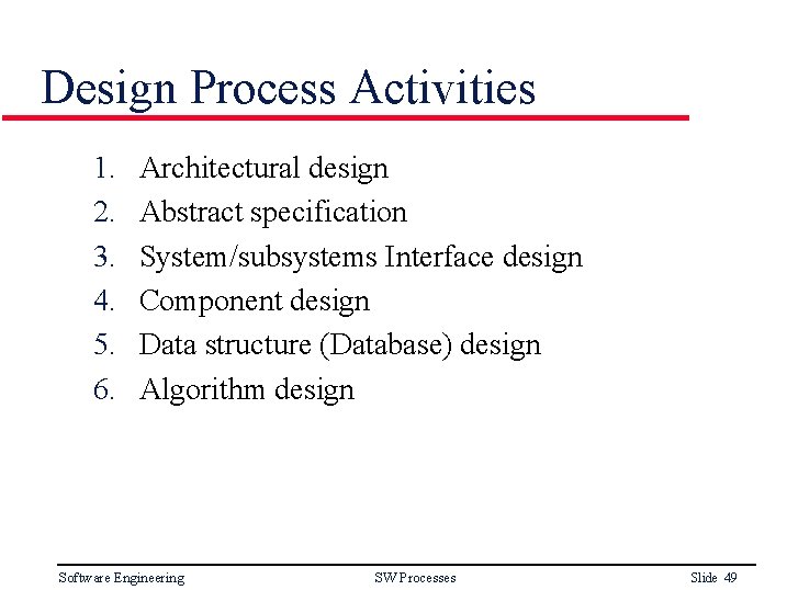 Design Process Activities 1. 2. 3. 4. 5. 6. Architectural design Abstract specification System/subsystems