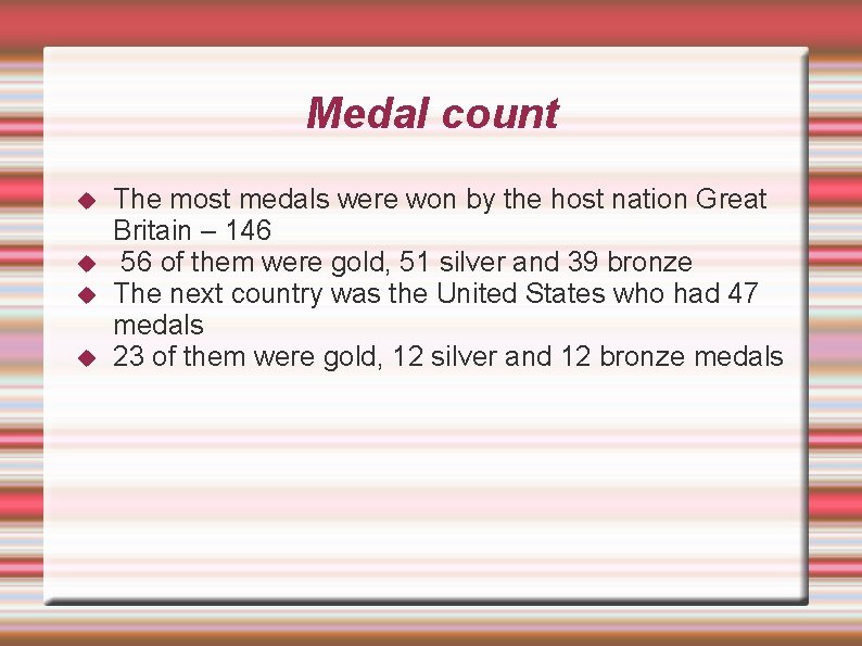 Medal count The most medals were won by the host nation Great Britain –