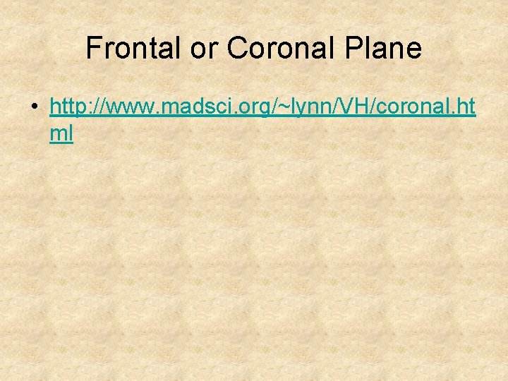 Frontal or Coronal Plane • http: //www. madsci. org/~lynn/VH/coronal. ht ml 