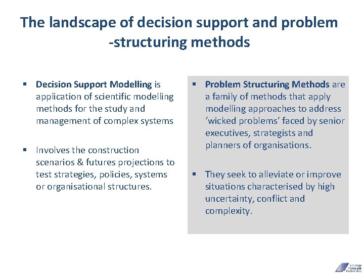 The landscape of decision support and problem -structuring methods § Decision Support Modelling is