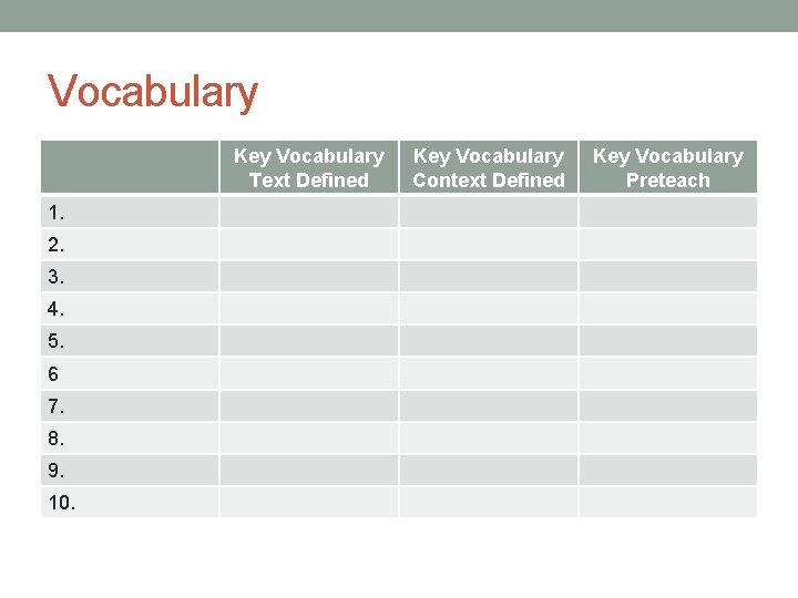 Vocabulary Key Vocabulary Text Defined 1. 2. 3. 4. 5. 6 7. 8. 9.