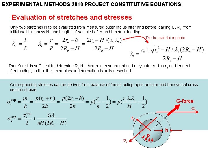 EXPERIMENTAL METHODS 2010 PROJECT CONSTITUTIVE EQUATIONS Evaluation of stretches and stresses Only two stretches