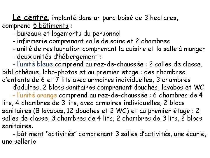 Le centre, implanté dans un parc boisé de 3 hectares, comprend 5 bâtiments :