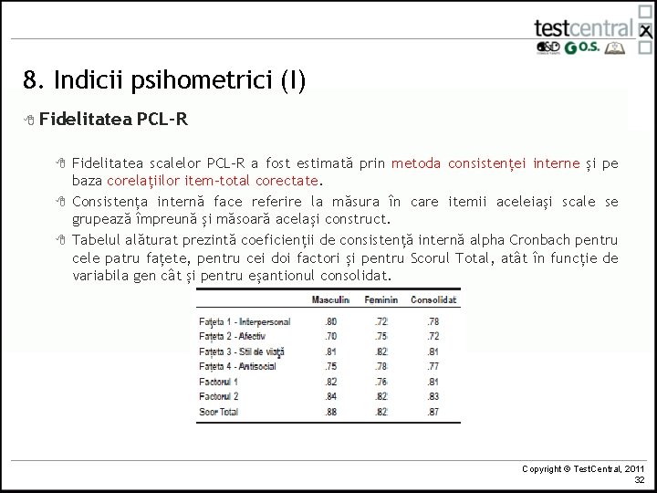 8. Indicii psihometrici (I) 8 Fidelitatea 8 8 8 PCL-R Fidelitatea scalelor PCL-R a