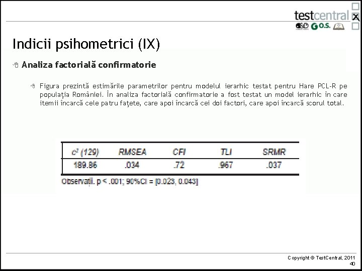 Indicii psihometrici (IX) 8 Analiza factorială confirmatorie 8 Figura prezintă estimările parametrilor pentru modelul