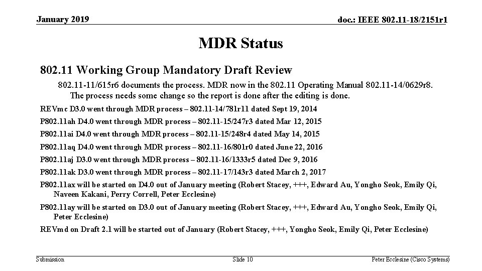 January 2019 doc. : IEEE 802. 11 -18/2151 r 1 MDR Status 802. 11