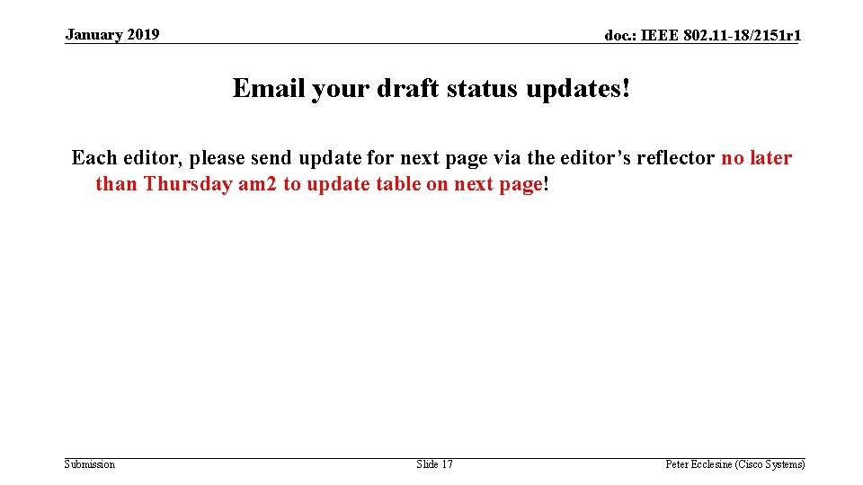 January 2019 doc. : IEEE 802. 11 -18/2151 r 1 Email your draft status