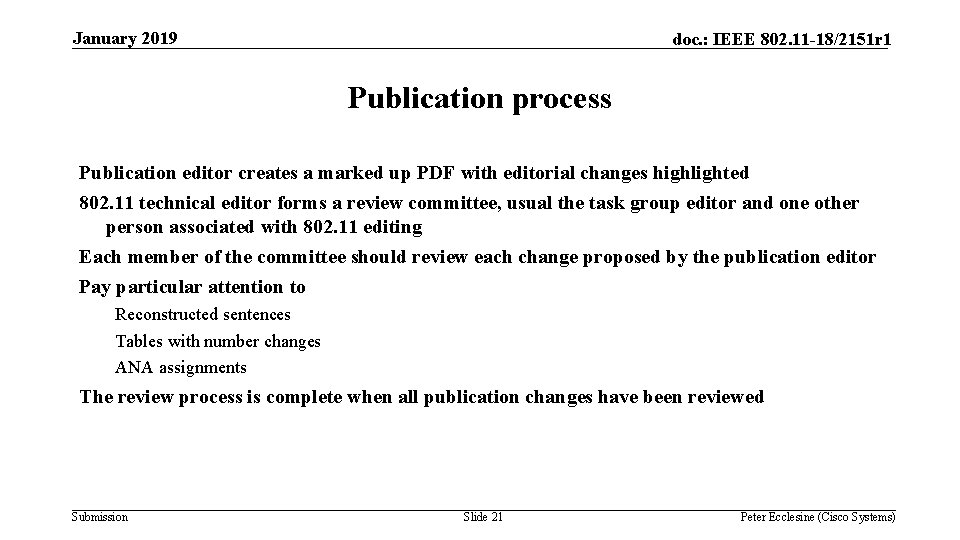 January 2019 doc. : IEEE 802. 11 -18/2151 r 1 Publication process Publication editor