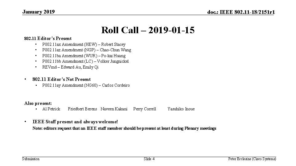 January 2019 doc. : IEEE 802. 11 -18/2151 r 1 Roll Call – 2019 January 2019 doc. : IEEE 802. 11 -18/2151 r 1 Roll Call – 2019