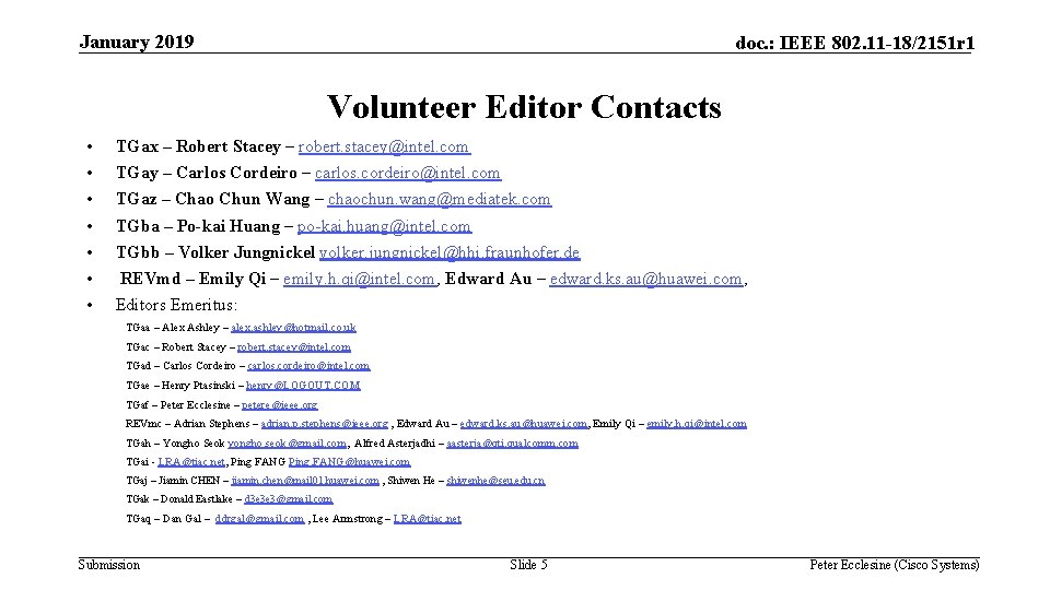 January 2019 doc. : IEEE 802. 11 -18/2151 r 1 Volunteer Editor Contacts • January 2019 doc. : IEEE 802. 11 -18/2151 r 1 Volunteer Editor Contacts •