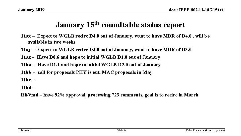 January 2019 doc. : IEEE 802. 11 -18/2151 r 1 January 15 th roundtable