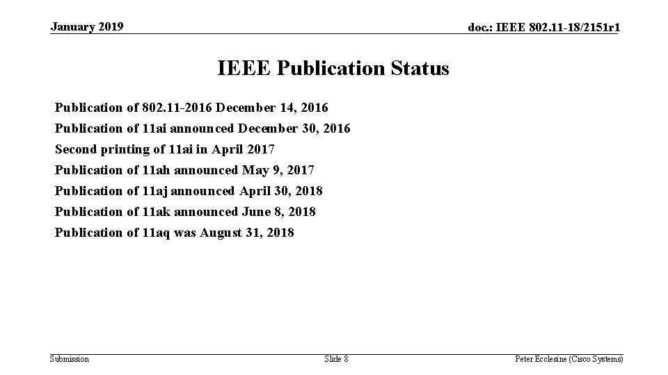 January 2019 doc. : IEEE 802. 11 -18/2151 r 1 IEEE Publication Status Publication