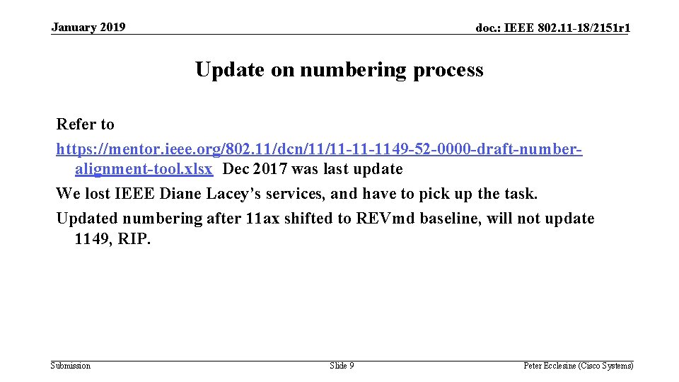 January 2019 doc. : IEEE 802. 11 -18/2151 r 1 Update on numbering process