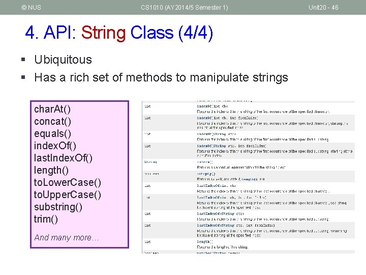 © NUS CS 1010 (AY 2014/5 Semester 1) 4. API: String Class (4/4) §