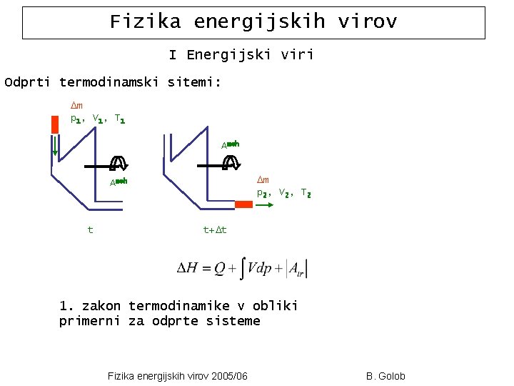 Fizika energijskih virov I Energijski viri Odprti termodinamski sitemi: Dm p 1 , V