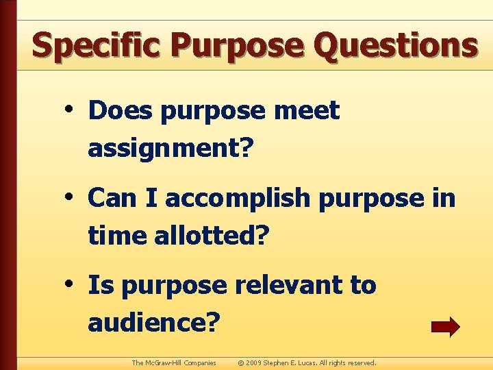Specific Purpose Questions • Does purpose meet assignment? • Can I accomplish purpose in