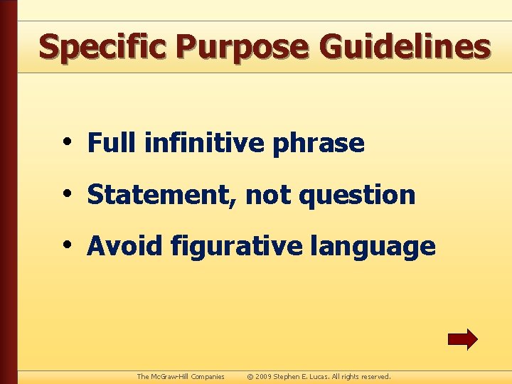 Specific Purpose Guidelines • Full infinitive phrase • Statement, not question • Avoid figurative