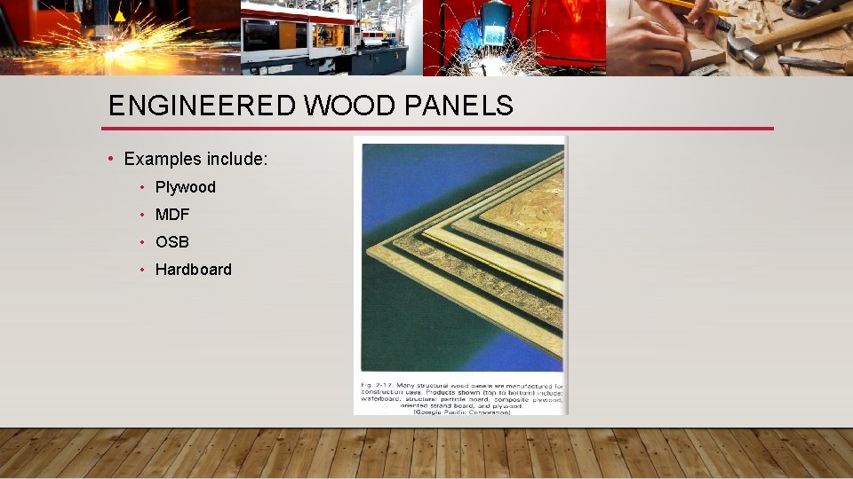 ENGINEERED WOOD PANELS • Examples include: • Plywood • MDF • OSB • Hardboard