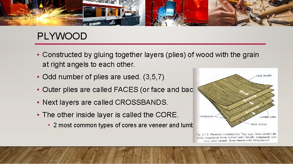 PLYWOOD • Constructed by gluing together layers (plies) of wood with the grain at