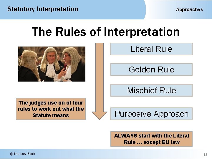Statutory Interpretation Approaches The Rules of Interpretation Literal Rule Golden Rule Mischief Rule The