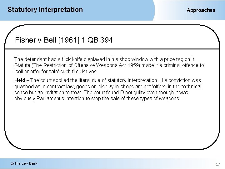 Statutory Interpretation Approaches Fisher v Bell [1961] 1 QB 394 The defendant had a