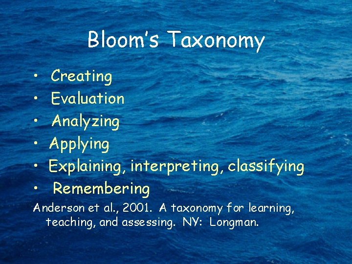 Bloom’s Taxonomy • • • Creating Evaluation Analyzing Applying Explaining, interpreting, classifying Remembering Anderson