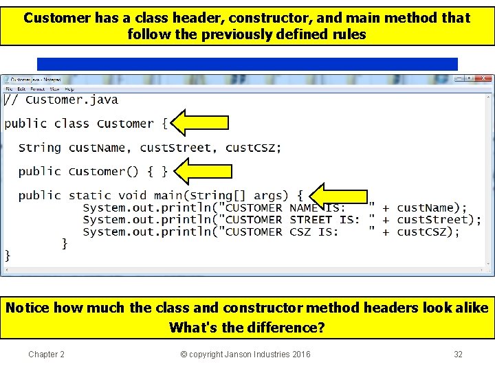 Customer has a class header, constructor, and main method that follow the previously defined