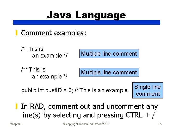 Java Language ▮ Comment examples: /* This is an example */ Multiple line comment