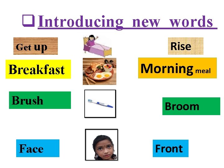 q Introducing new words Get up Breakfast Brush Face Rise Morning meal Broom Front