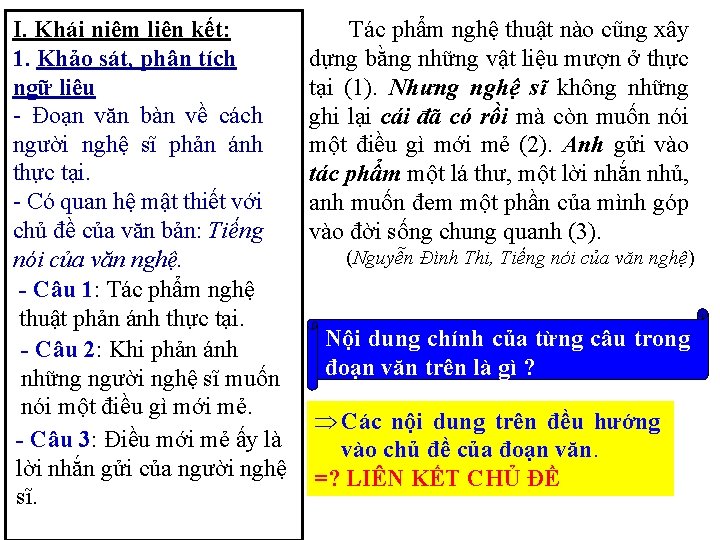 I. Khái niệm liên kết: 1. Khảo sát, phân tích ngữ liệu - Đoạn