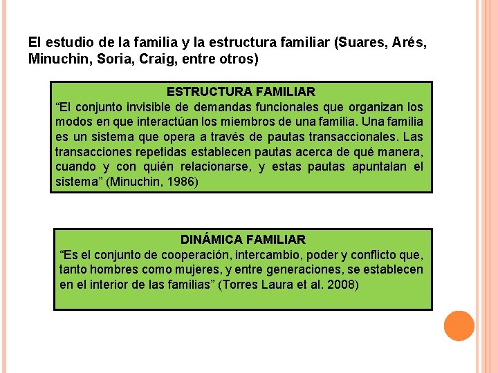 El estudio de la familia y la estructura familiar (Suares, Arés, Minuchin, Soria, Craig,