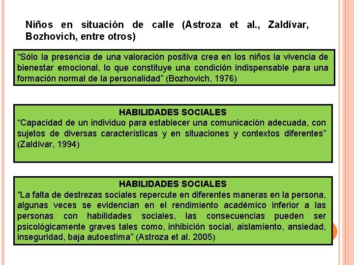 Niños en situación de calle (Astroza et al. , Zaldívar, Bozhovich, entre otros) “Sólo