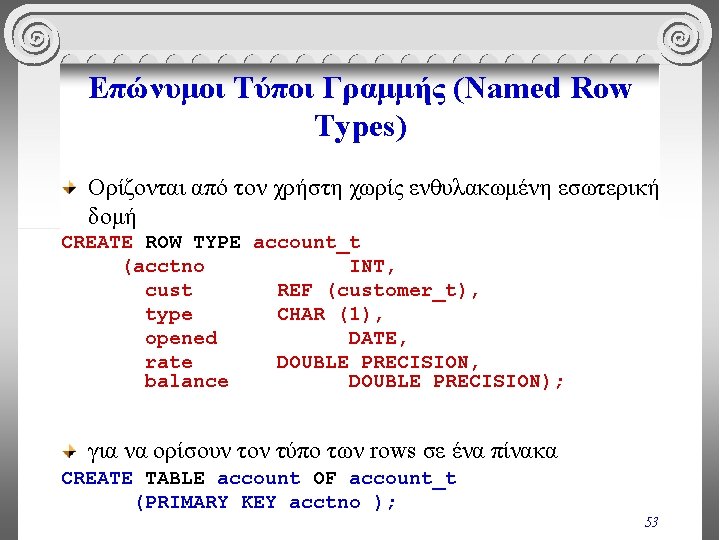 Επώνυμοι Τύποι Γραμμής (Named Row Types) Ορίζονται από τον χρήστη χωρίς ενθυλακωμένη εσωτερική δομή