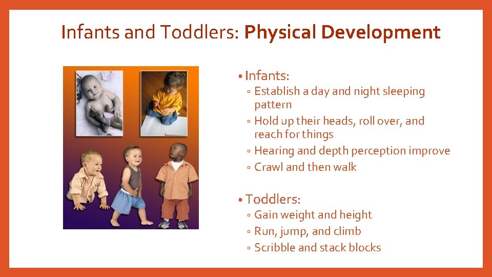 Infants and Toddlers: Physical Development • Infants: ▫ Establish a day and night sleeping