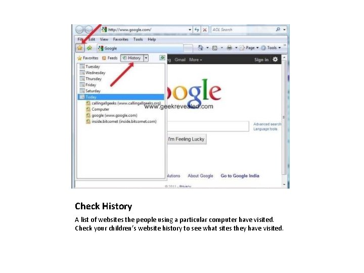 Check History A list of websites the people using a particular computer have visited.