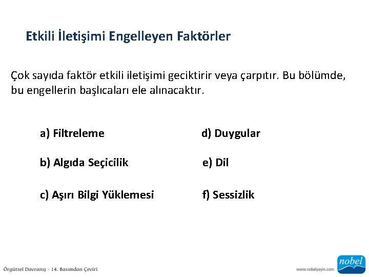 Etkili İletişimi Engelleyen Faktörler Çok sayıda faktör etkili iletişimi geciktirir veya çarpıtır. Bu bölümde,