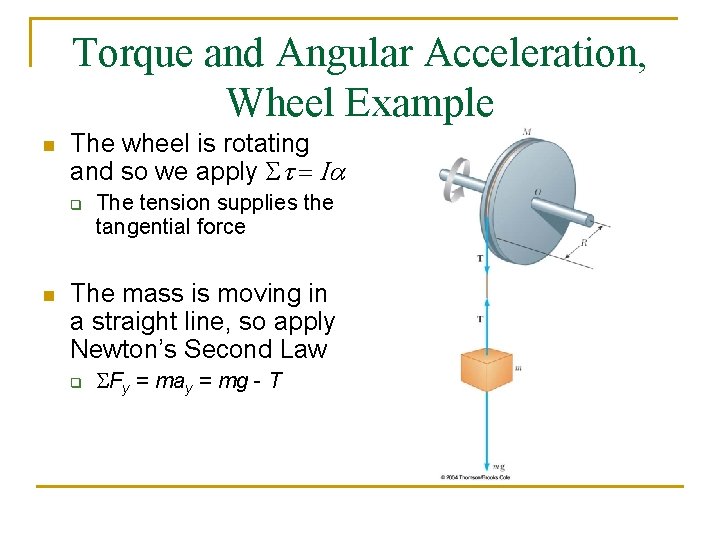 Torque and Angular Acceleration, Wheel Example n The wheel is rotating and so we Torque and Angular Acceleration, Wheel Example n The wheel is rotating and so we