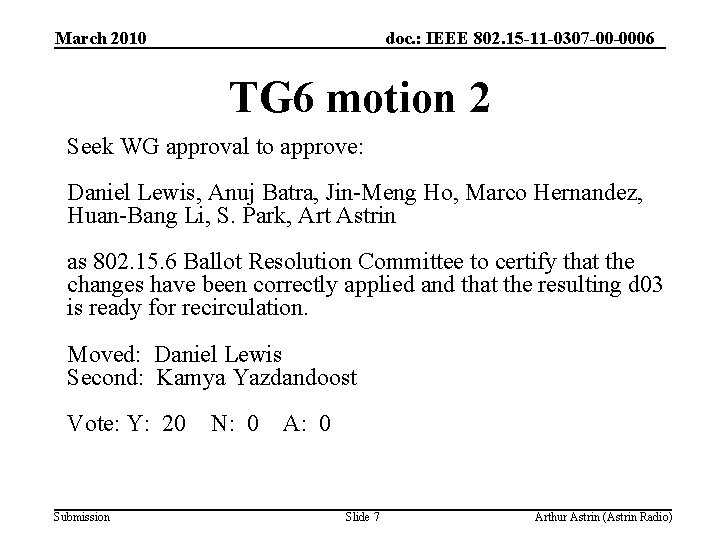 March 2010 doc. : IEEE 802. 15 -11 -0307 -00 -0006 TG 6 motion