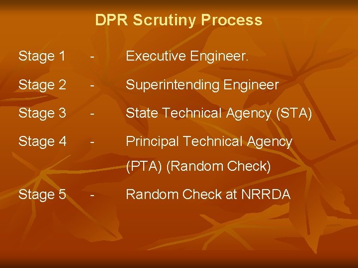 DPR Scrutiny Process Stage 1 - Executive Engineer. Stage 2 - Superintending Engineer Stage