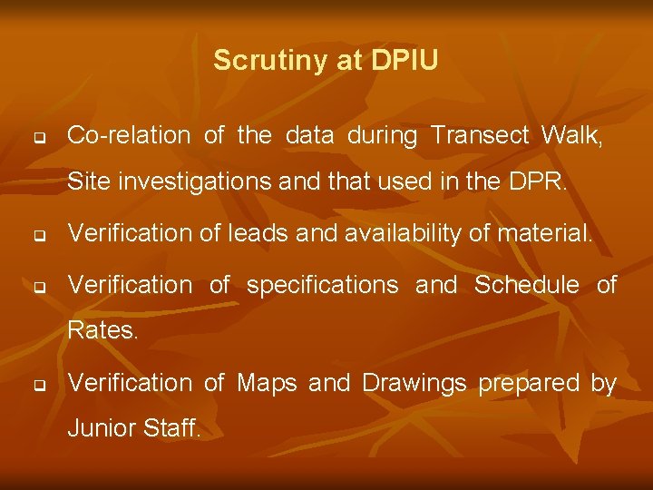 Scrutiny at DPIU q Co-relation of the data during Transect Walk, Site investigations and