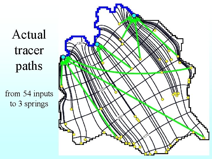 Actual tracer paths from 54 inputs to 3 springs 