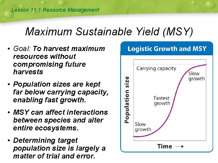 Lesson 11. 1 Resource Management Maximum Sustainable Yield (MSY) • Goal: To harvest maximum