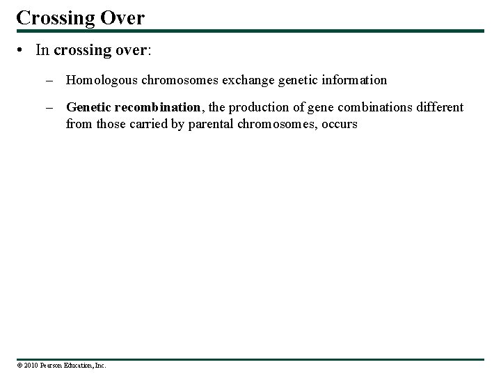 Crossing Over • In crossing over: – Homologous chromosomes exchange genetic information – Genetic