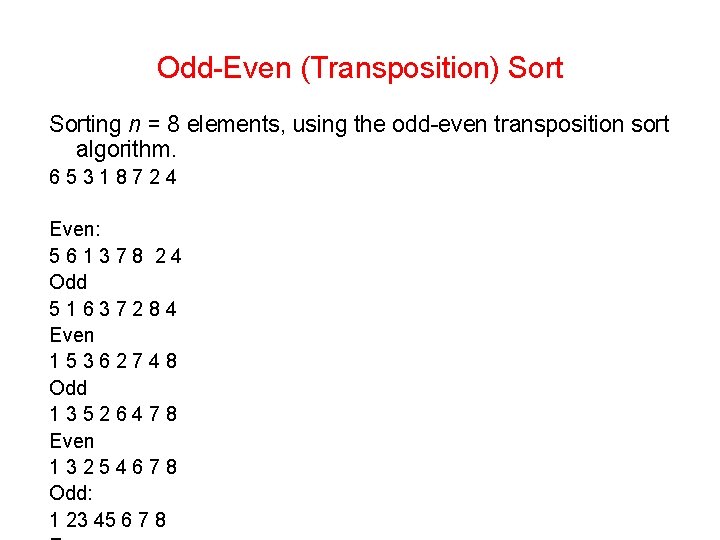 Odd-Even (Transposition) Sorting n = 8 elements, using the odd-even transposition sort algorithm. 65318724