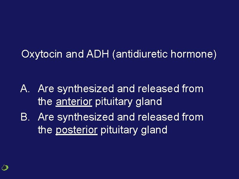 Oxytocin and ADH (antidiuretic hormone) A. Are synthesized and released from the anterior pituitary