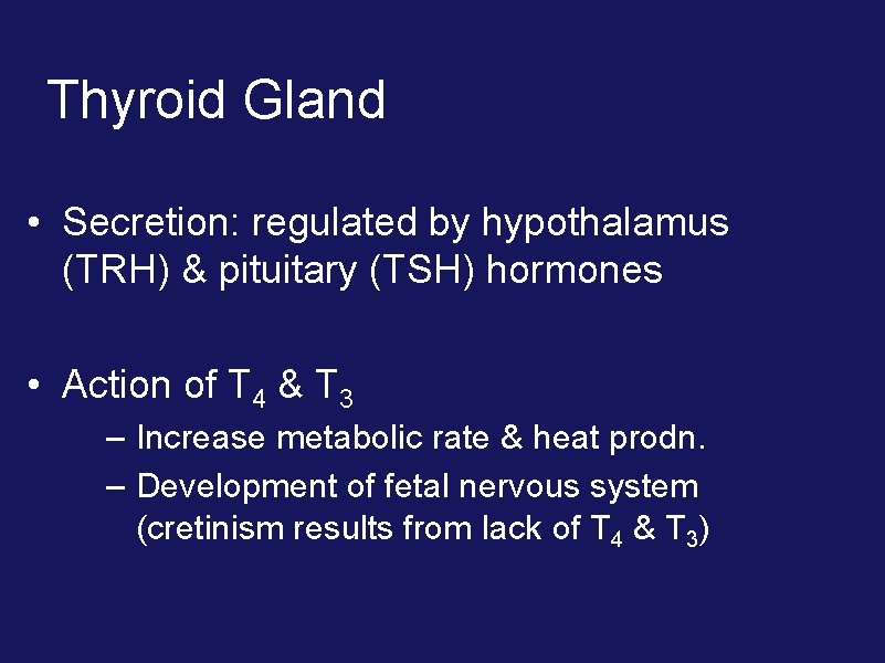 Thyroid Gland • Secretion: regulated by hypothalamus (TRH) & pituitary (TSH) hormones • Action