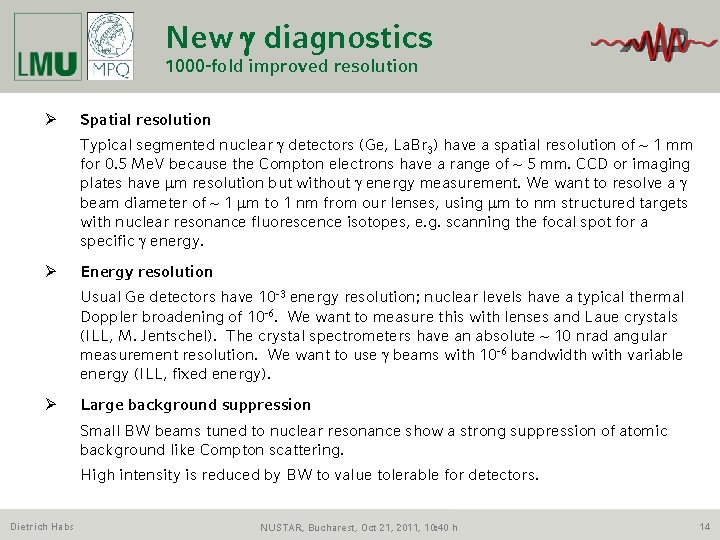 New g diagnostics 1000 -fold improved resolution Ø Spatial resolution Typical segmented nuclear g