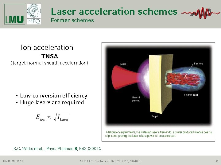 Laser acceleration schemes Former schemes Ion acceleration TNSA (target-normal sheath acceleration) • Low conversion